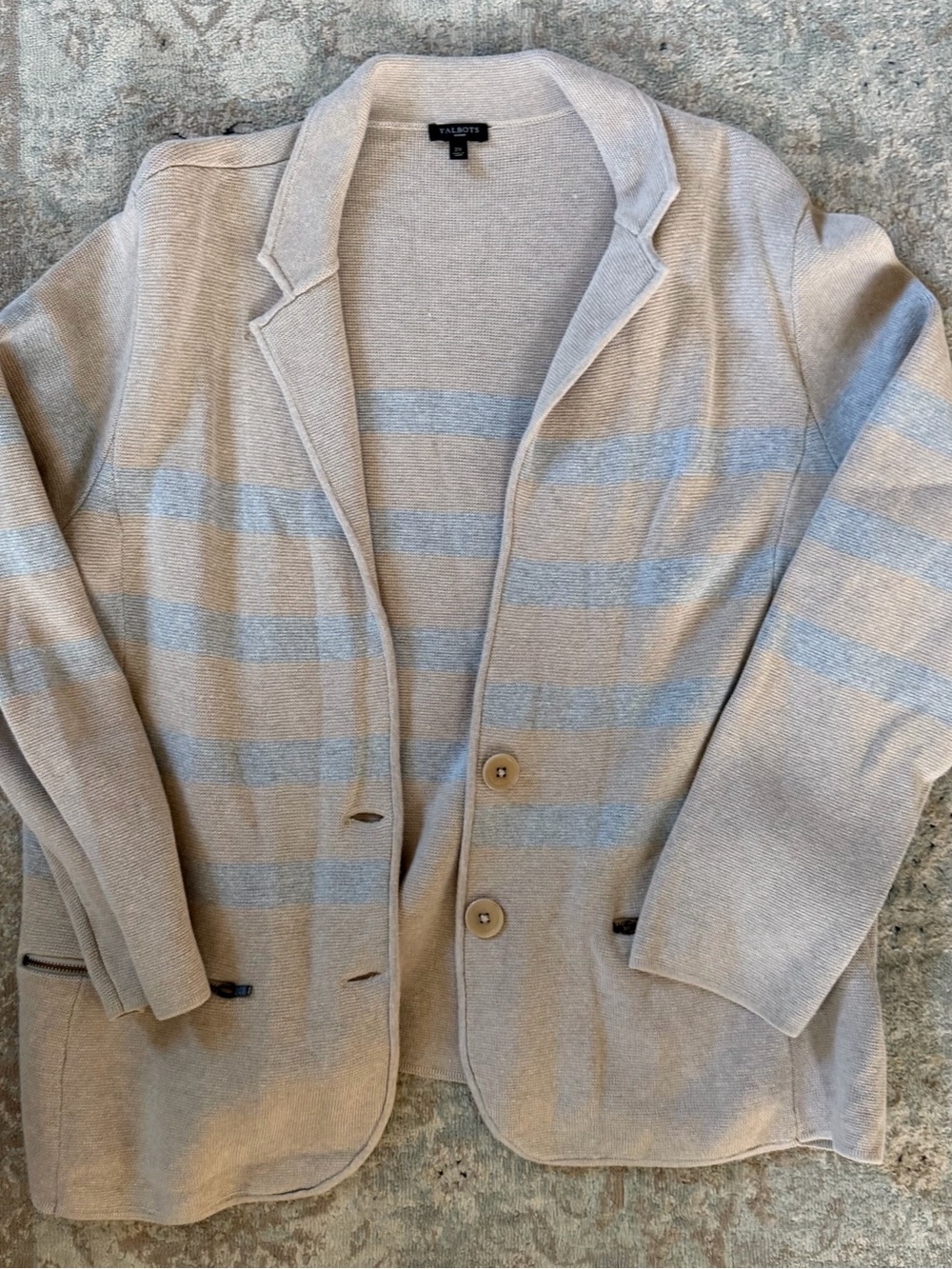 Talbots Beige Cardigan Blazer with Light Blue Stripes